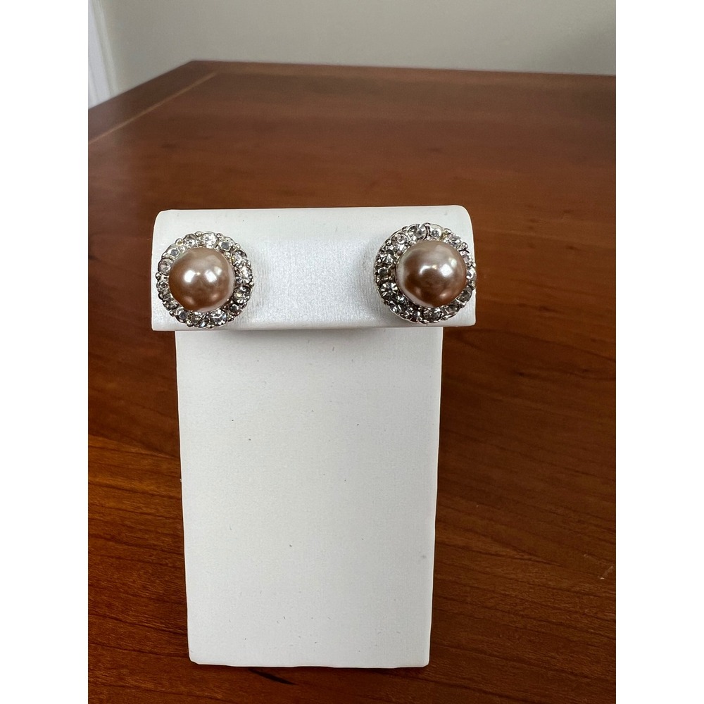 Champagne Faux Pearl Rhinestone Halo Stud Earrings Silver Tone Bridal Cluster